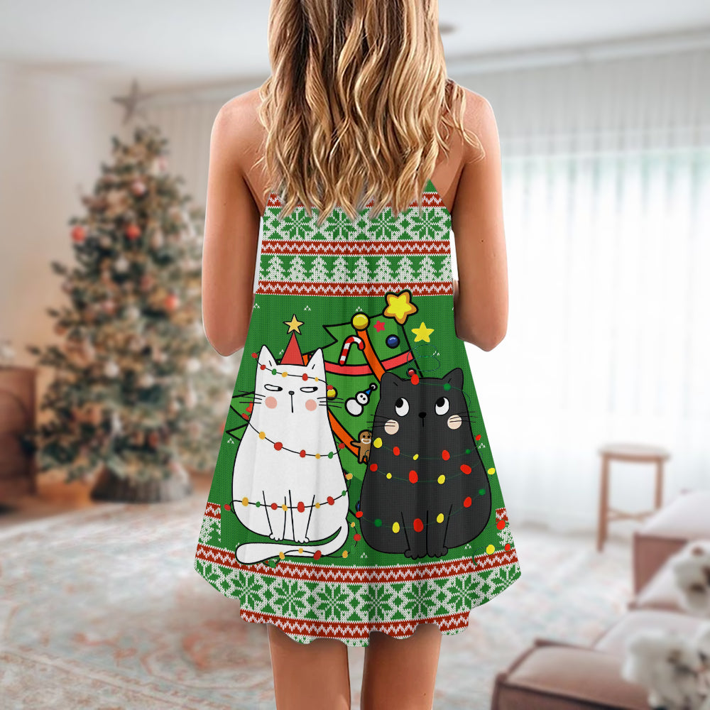 Christmas Meowy Cat Tree Fun V-Neck Sleeveless Cami Dress For Festive Events And Casual Summer Styling