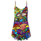 Hippie Mushroom Colorful Lover V-Neck Sleeveless Cami Dress For Festivals Vacations And Relaxed Artistic Styling
