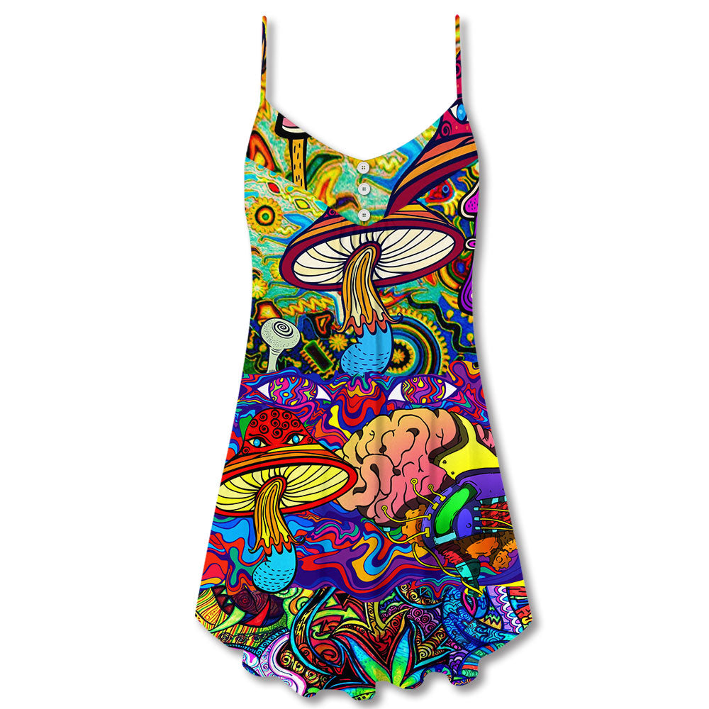 Hippie Mushroom Colorful Lover V-Neck Sleeveless Cami Dress For Festivals Vacations And Relaxed Artistic Styling