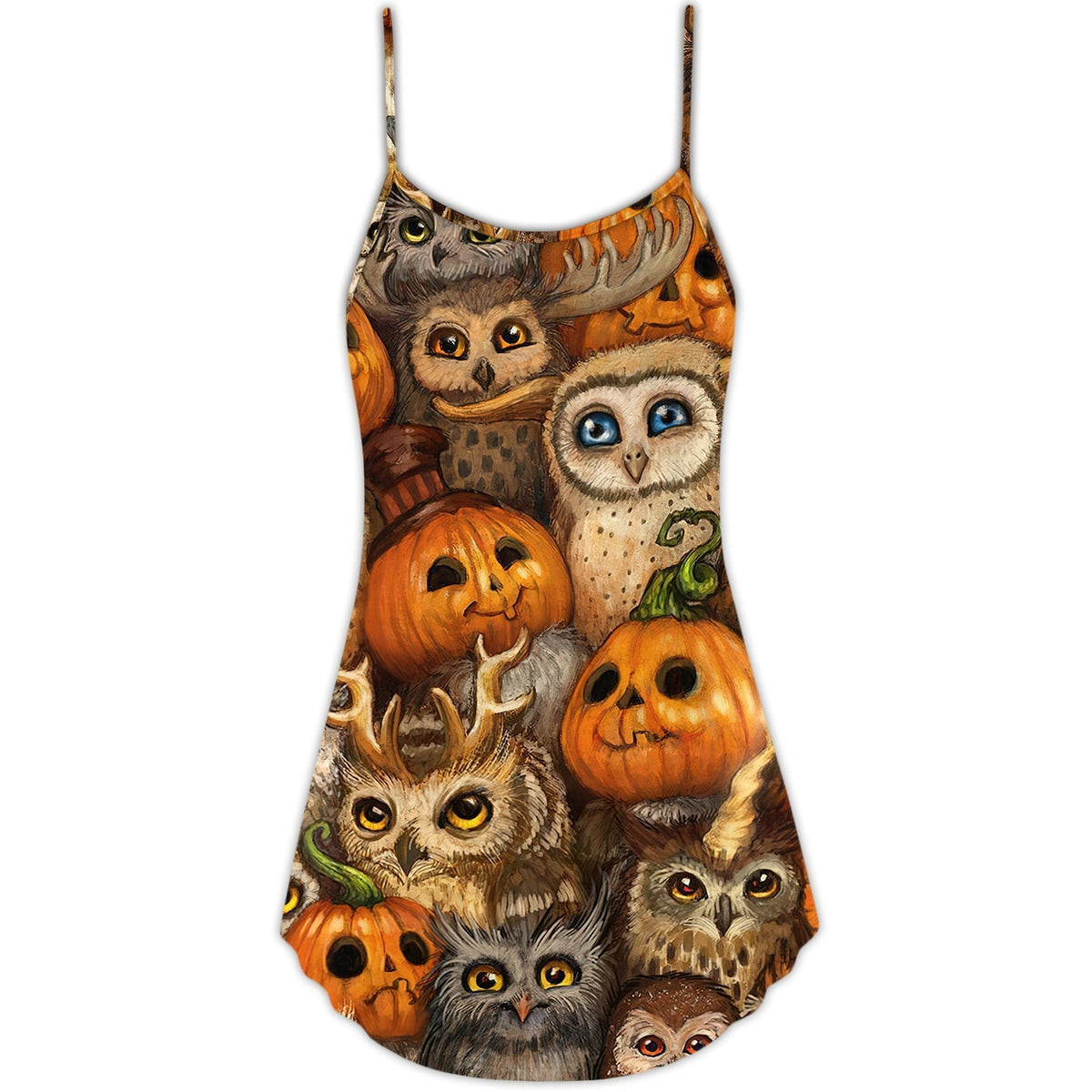 Halloween Owl Pumpkin Pattern V-Neck Sleeveless Cami Dress For Spooky Season Events And Relaxed Casual Styling