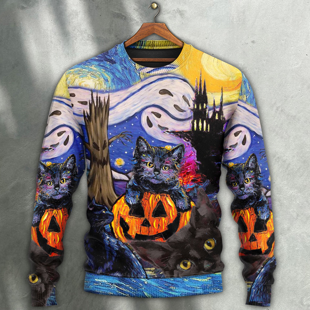Halloween Black Cat Starry Night Sweater For Fantasy Fans Casual Outings And Weekend Adventures