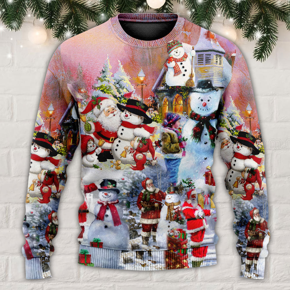 Santa And Snowman Snow Village Sweater For Winter Celebrations Family Events And Thoughtful Gifting