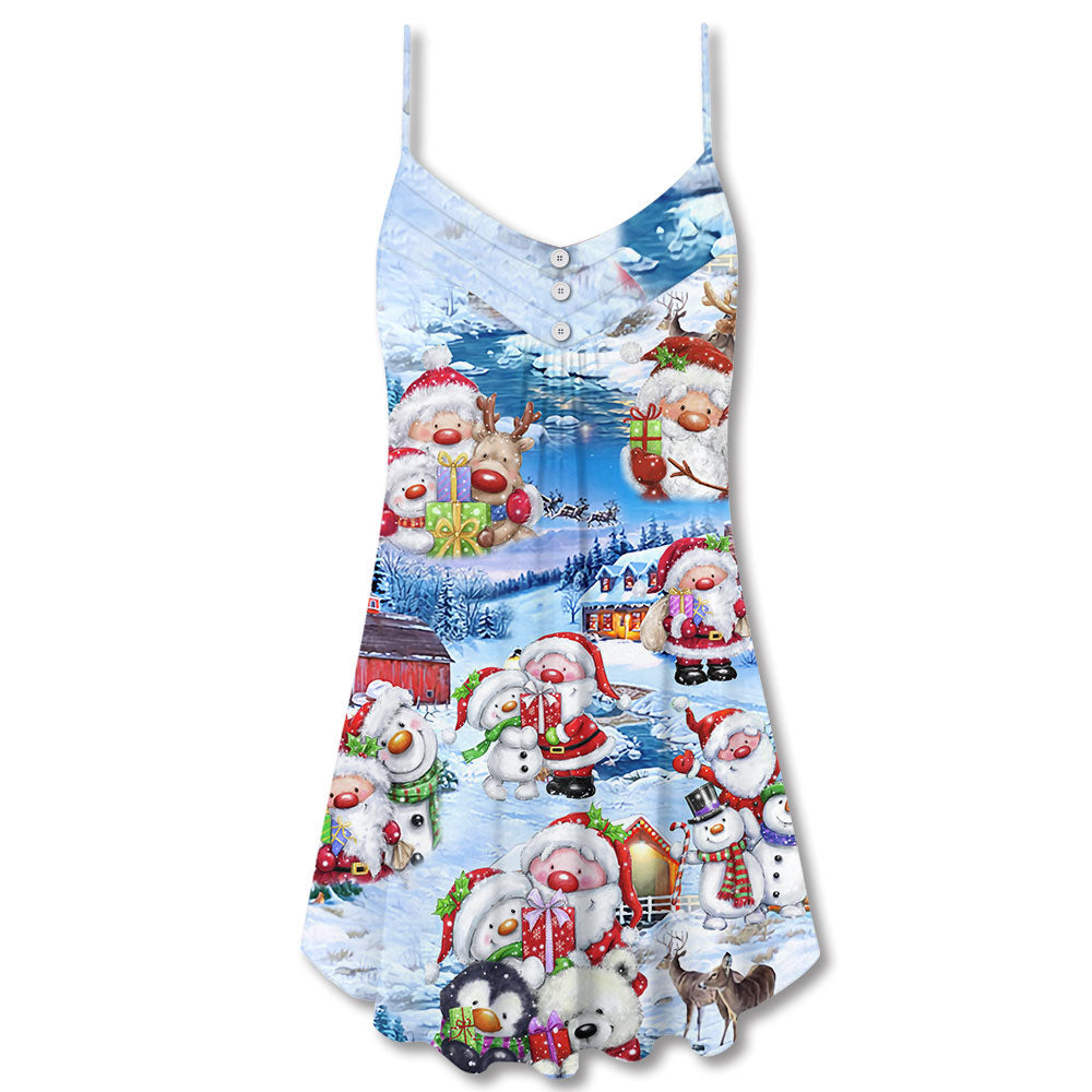 Santa And Snowman Holiday Village V-Neck Sleeveless Cami Dress For Summer Events And Comfortable Everyday Style