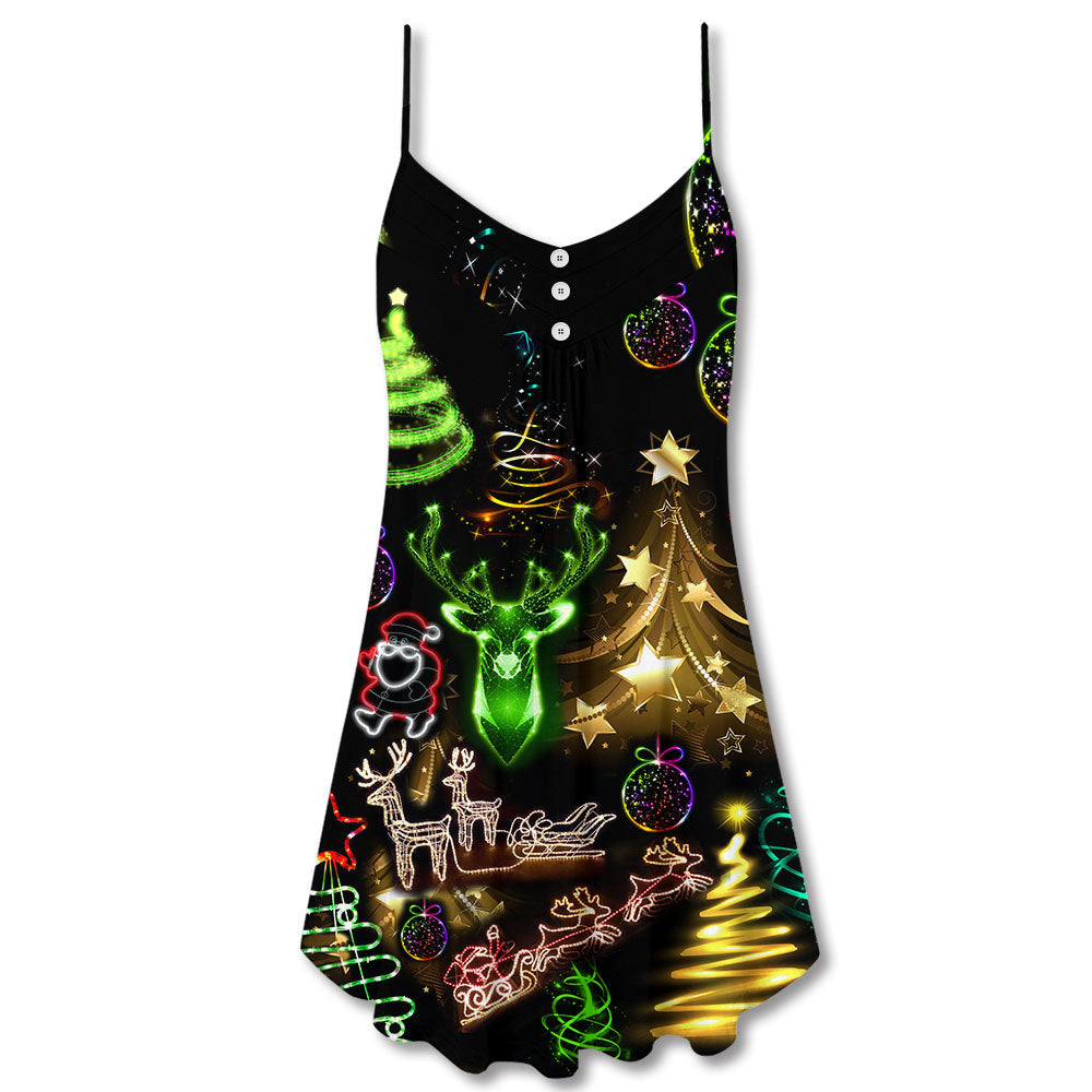 Christmas Neon Tree And Snowman Cool V-Neck Sleeveless Cami Dress For Vacations And Casual Warm Weather Wear