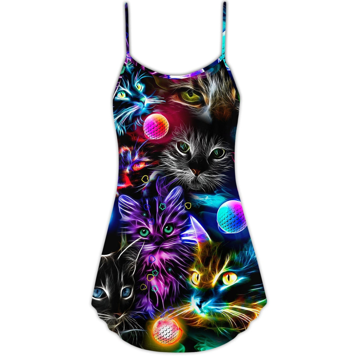 Cat Playing Golf Neon Lightning V-Neck Sleeveless Cami Dress For Game Day Events Travel And Warm Weather Outfits