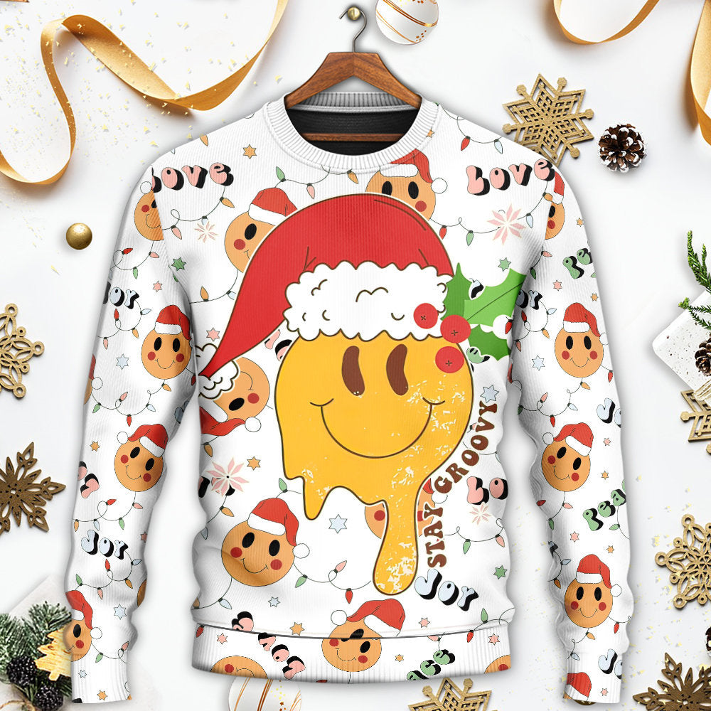 Christmas Hippie Groovy Santa Smile Face Sweater For Seasonal Parties Cozy Gatherings And Thoughtful Holiday Gifts