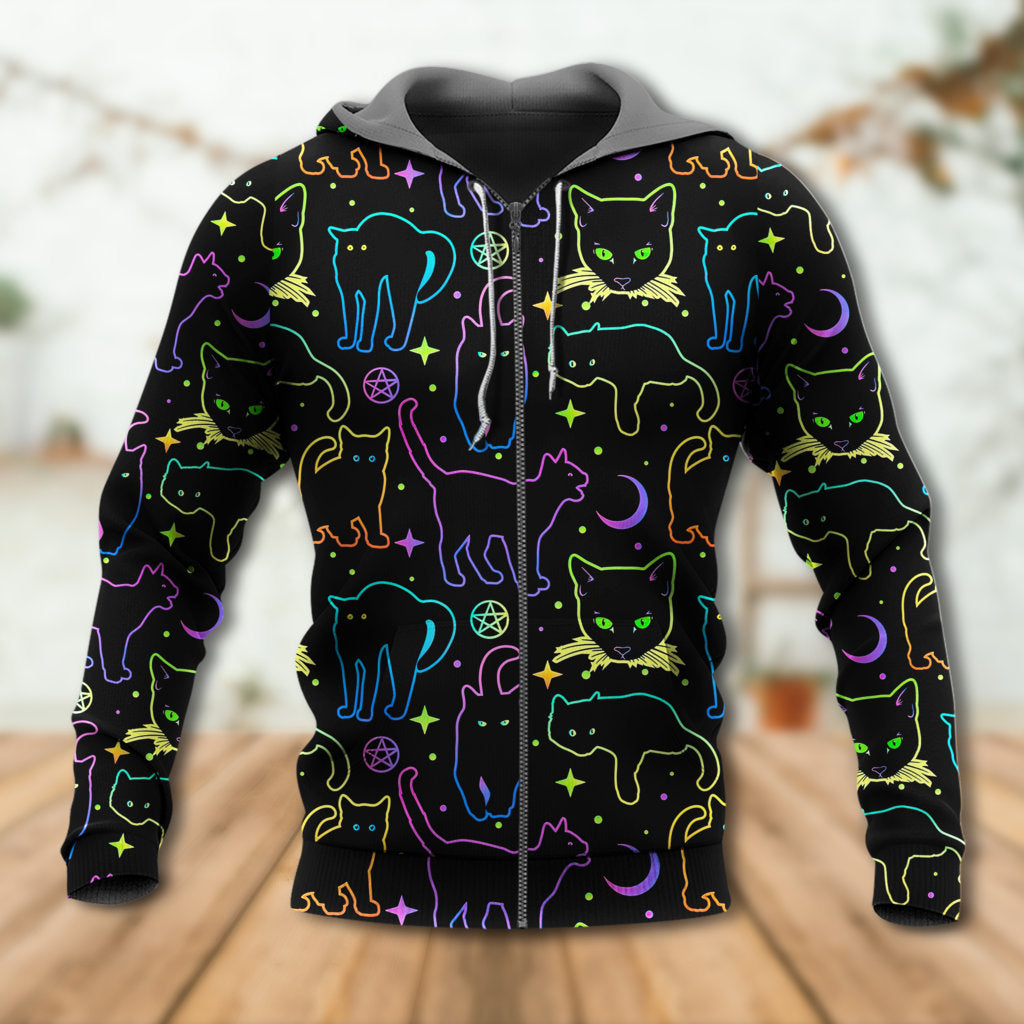 Neon Colorful Cat Playing Kitten Hoodie For Animal Enthusiasts Outdoor Activities And Daily Wear