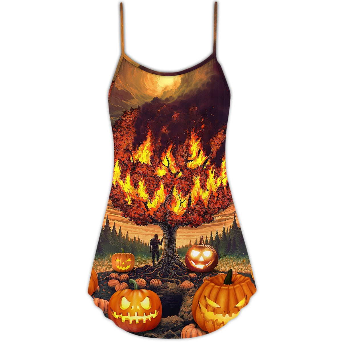 Halloween Burning Pumpkin Style V-Neck Sleeveless Cami Dress For Festivals Travel And Relaxed Casual Summer Wear