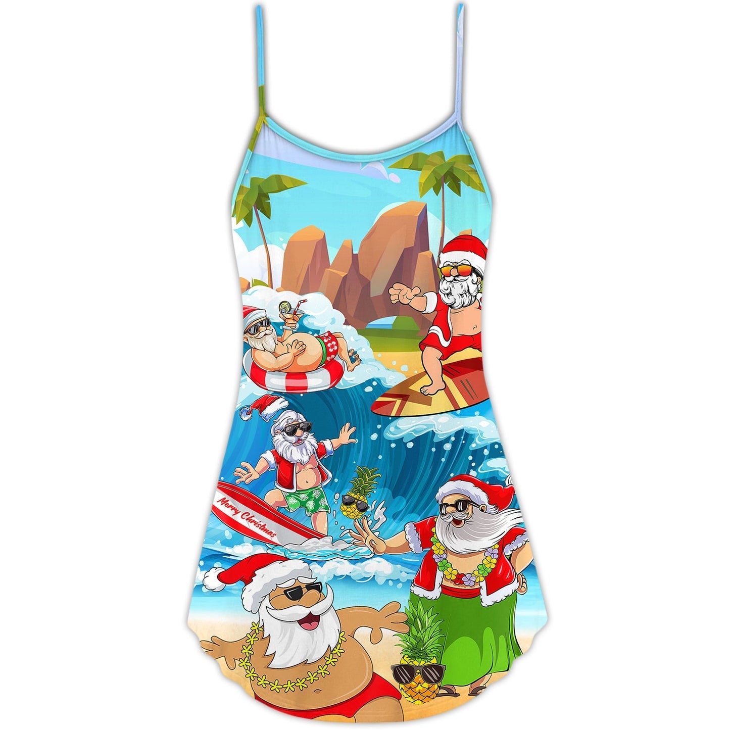 Santa Beach Holiday Fun V-Neck Sleeveless Cami Dress For Beach Trips Parties And Relaxed Warm Weather Style