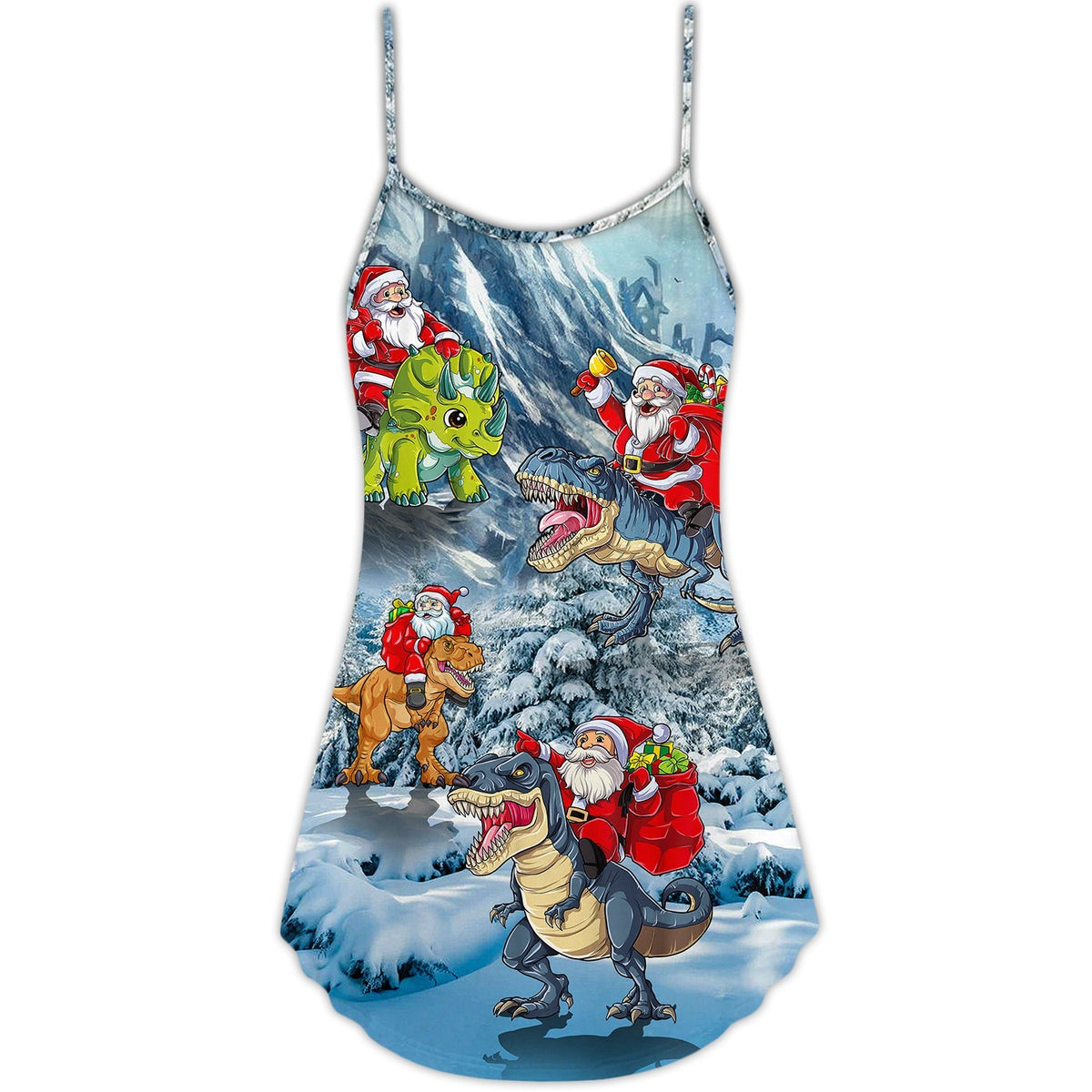 Christmas Santa Riding Dinosaur Tree Gifts V-Neck Sleeveless Cami Dress For Summer Events And Comfortable Everyday Style