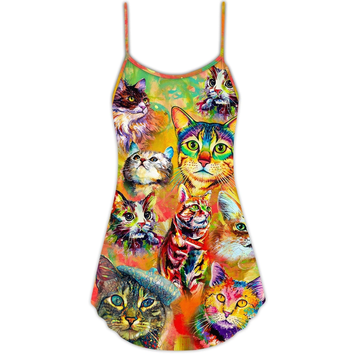 Funny Cat Lover Colorful Painting V-Neck Sleeveless Cami Dress For Vacations And Casual Warm Weather Wear