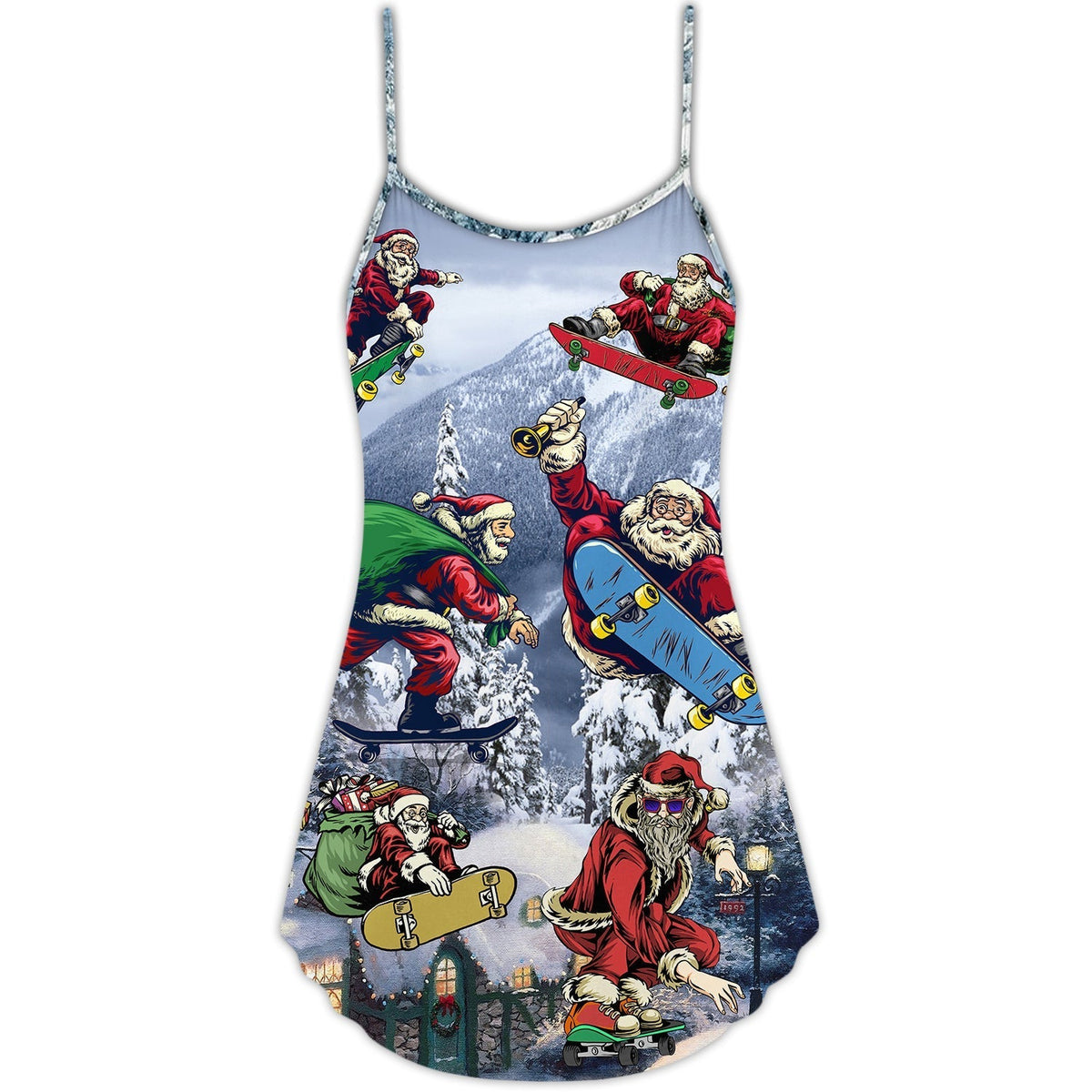 Christmas Santa Skateboarding Snow V-Neck Sleeveless Cami Dress For Festive Events And Casual Summer Styling