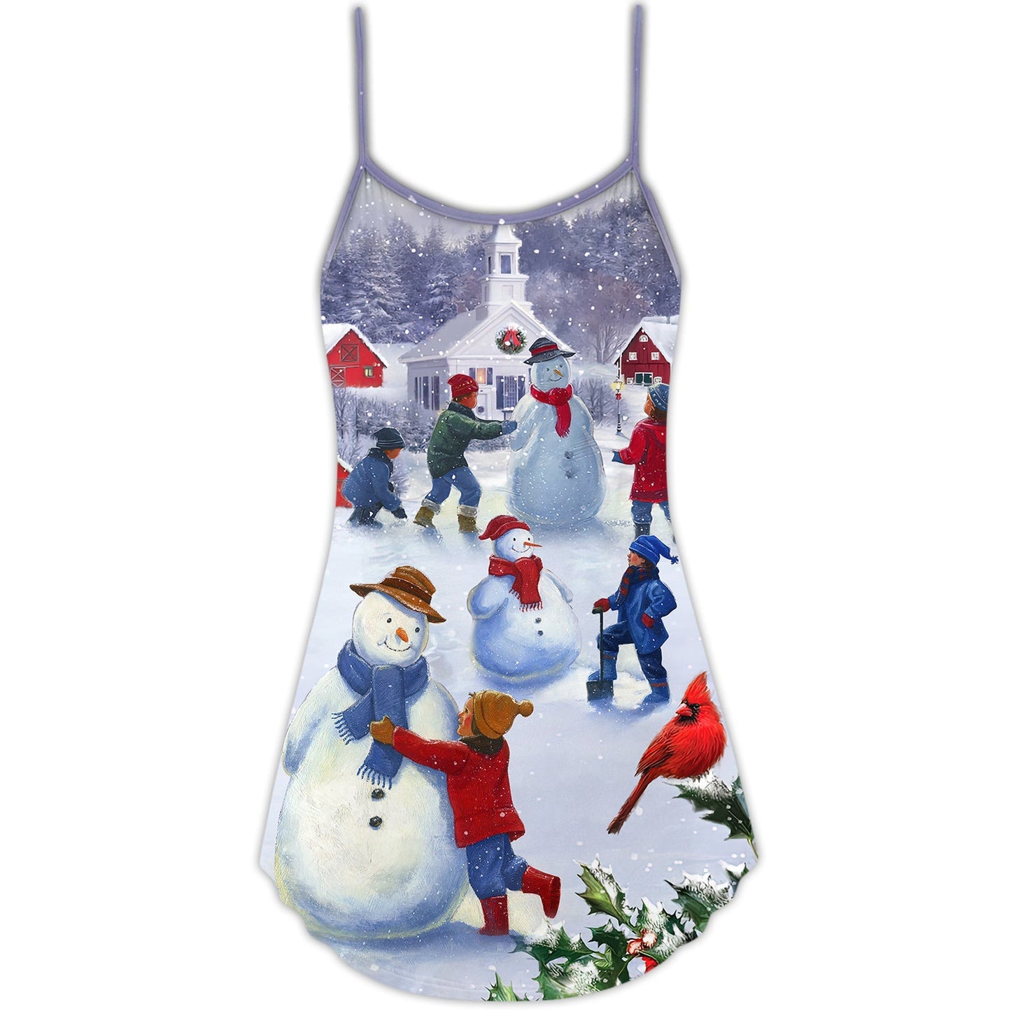 Children Snowman Christmas Town V-Neck Sleeveless Cami Dress For Vacations And Casual Warm Weather Wear