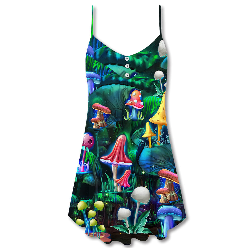 Hippie Mushroom Galaxy Neon V-Neck Sleeveless Cami Dress For Summer Getaways Parties And Expressive Hippie Style
