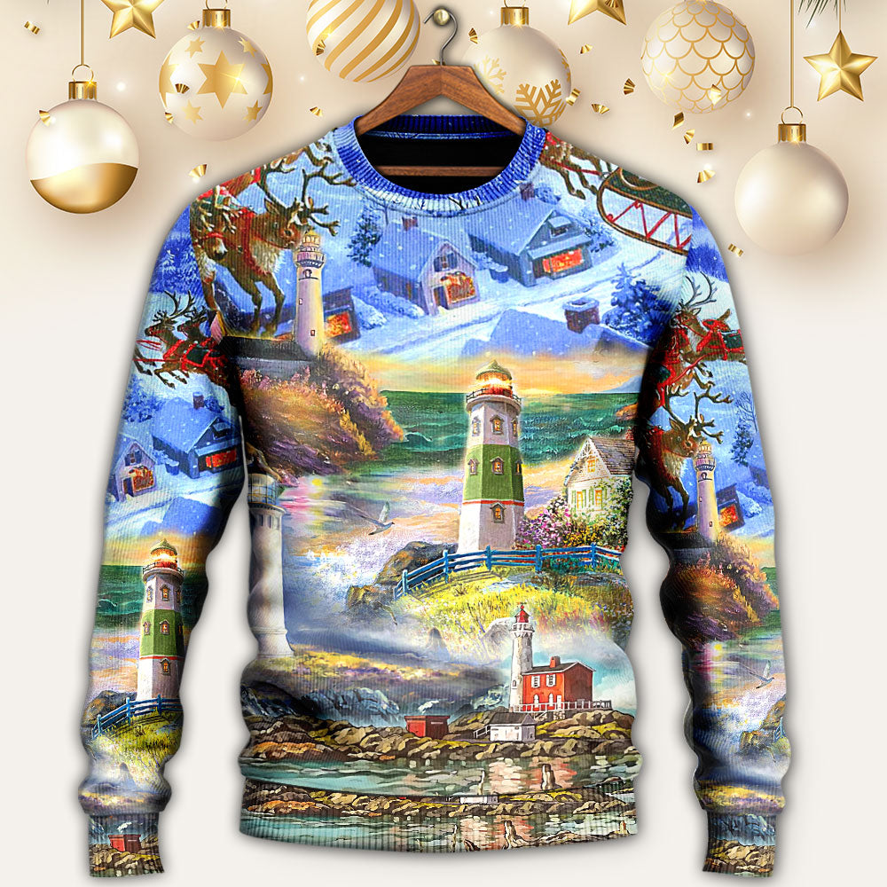 Lighthouse Christmas Santa Through The Storm Sweater For Festive Events Weekend Outings And Comfortable Winter Style