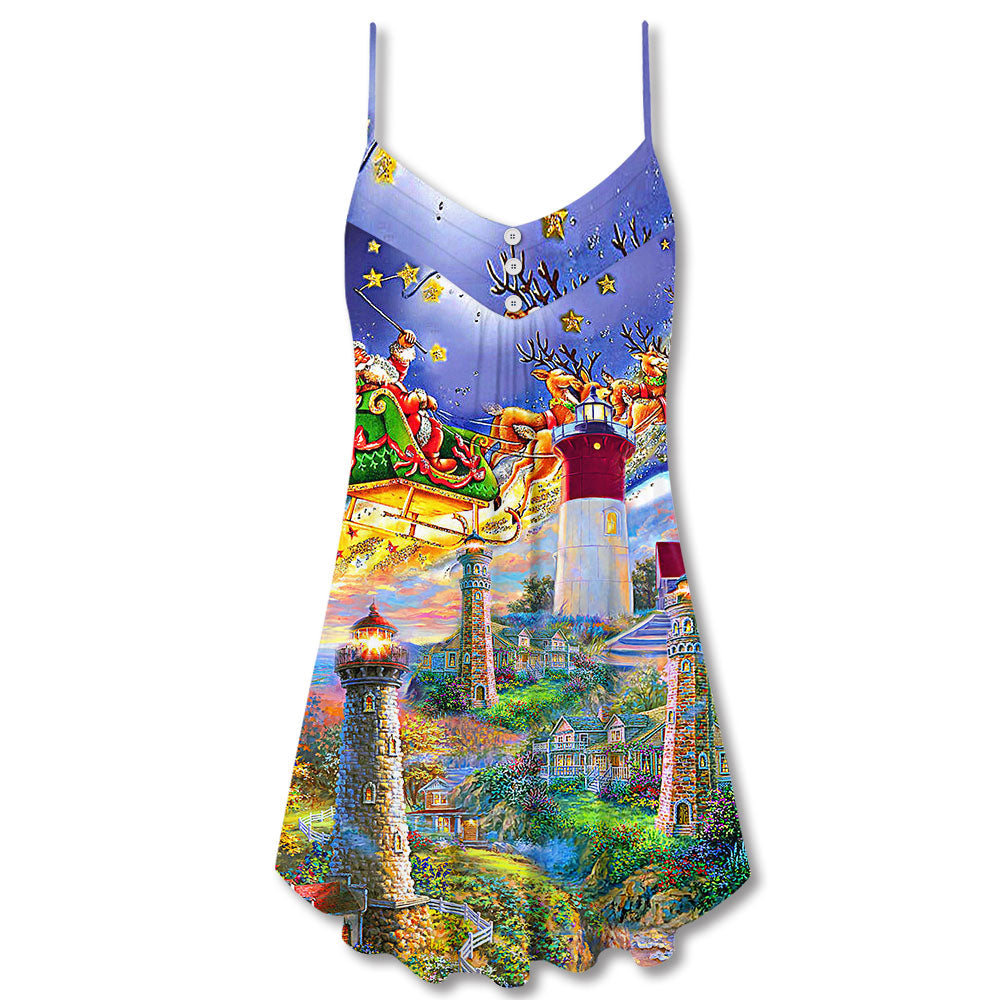 Lighthouse Santa Home Light V-Neck Sleeveless Cami Dress For Festive Events And Casual Summer Styling