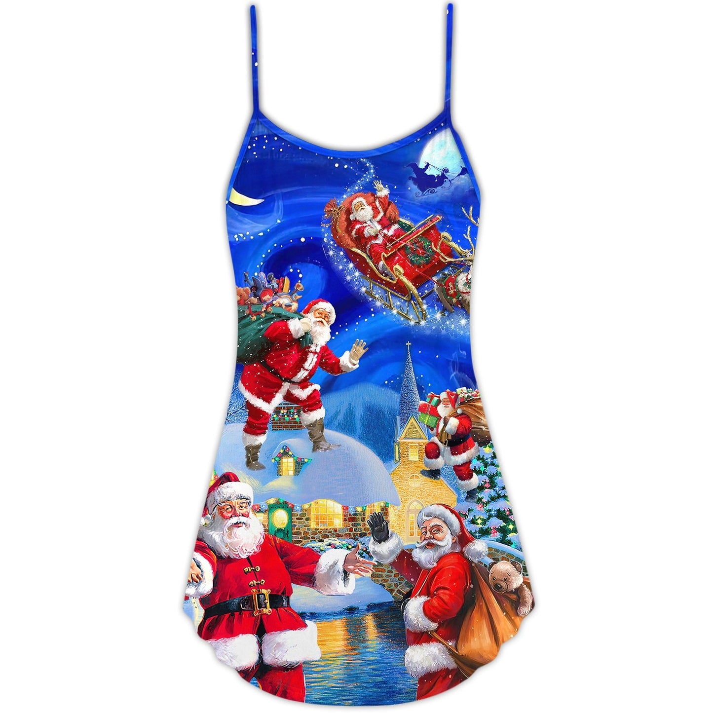 Santa Magic Night Town V-Neck Sleeveless Cami Dress For Christmas Events Vacations And Playful Warm Weather Wear