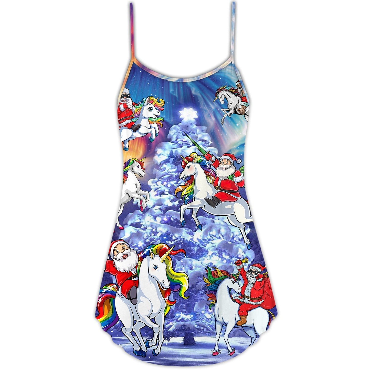 Christmas Santa Riding Unicorn Rainbow Night V-Neck Sleeveless Cami Dress For Vacations And Casual Warm Weather Wear