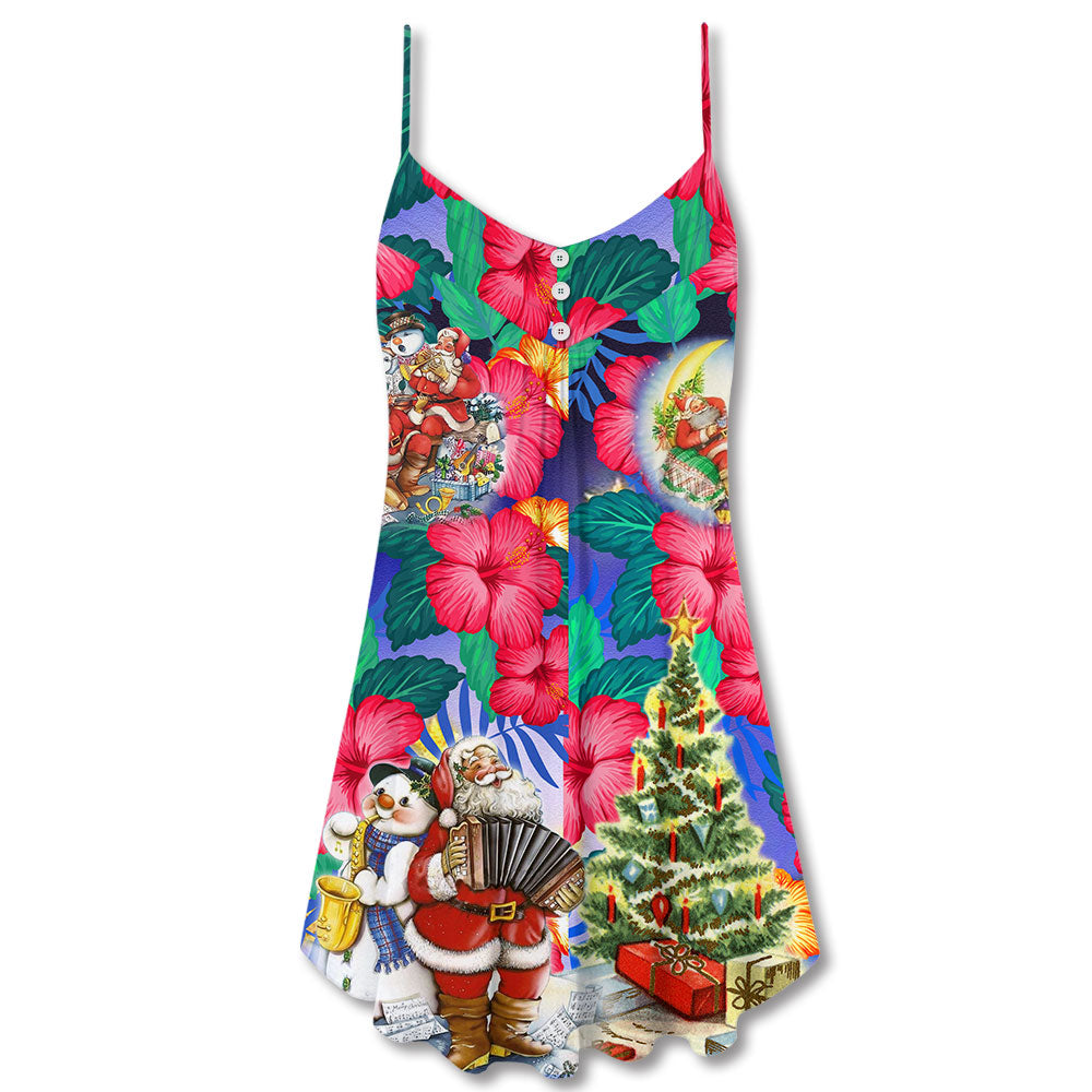 Tropical Flower Santa Merry Christmas Snow V-Neck Sleeveless Cami Dress For Holiday Parties And Relaxed Vacation Wear