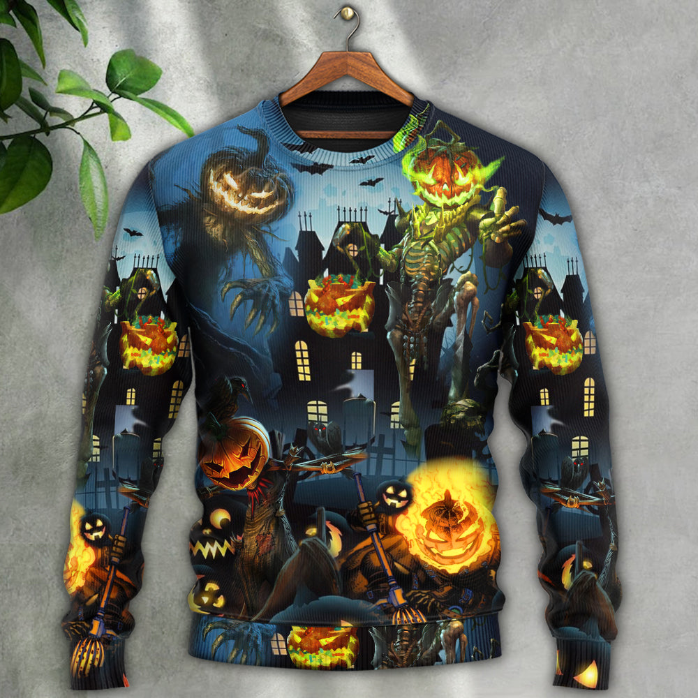 Halloween Pumpkin Night Sky Sweater For Art Fans Travel Parties And Distinctive Casual Style