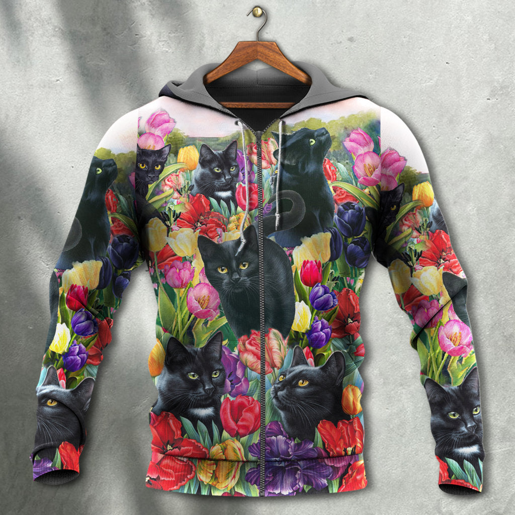 Black Floral Colorful Cat Love Hoodie For Nature Lovers Casual Travel And Comfortable Layering