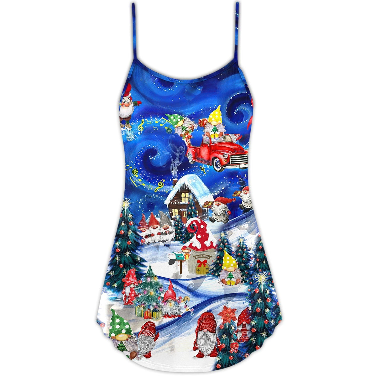Christmas Hanging With Gnome Friends V-Neck Sleeveless Cami Dress For Vacations And Casual Warm Weather Wear