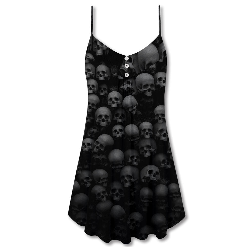 Skull Dark Rebel Quote V-Neck Sleeveless Cami Dress For Festivals And Distinctive Alternative Styling