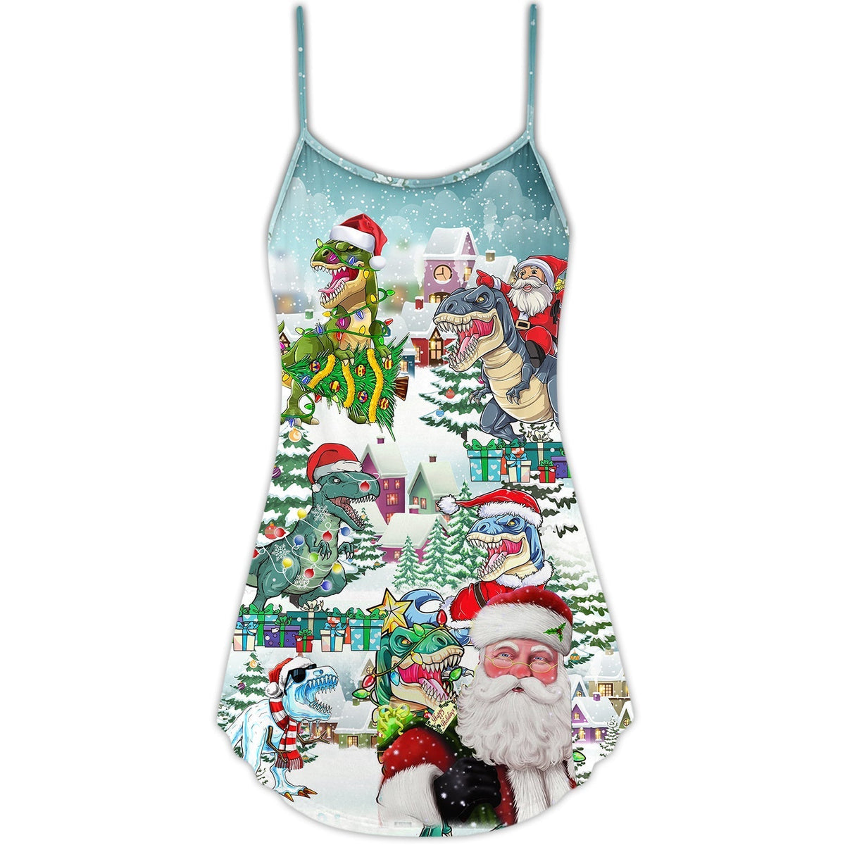 Christmas Dinosaur Fun Santa Funny V-Neck Sleeveless Cami Dress For Vacations And Casual Warm Weather Wear