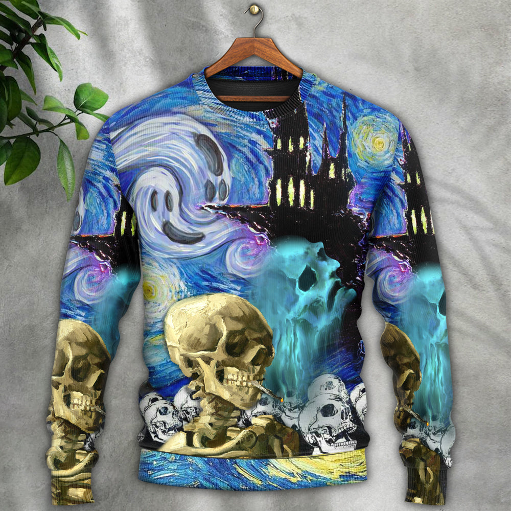 Halloween Skull Smoke Starry Night Sweater For Alternative Outfits Seasonal Events And Everyday Comfort