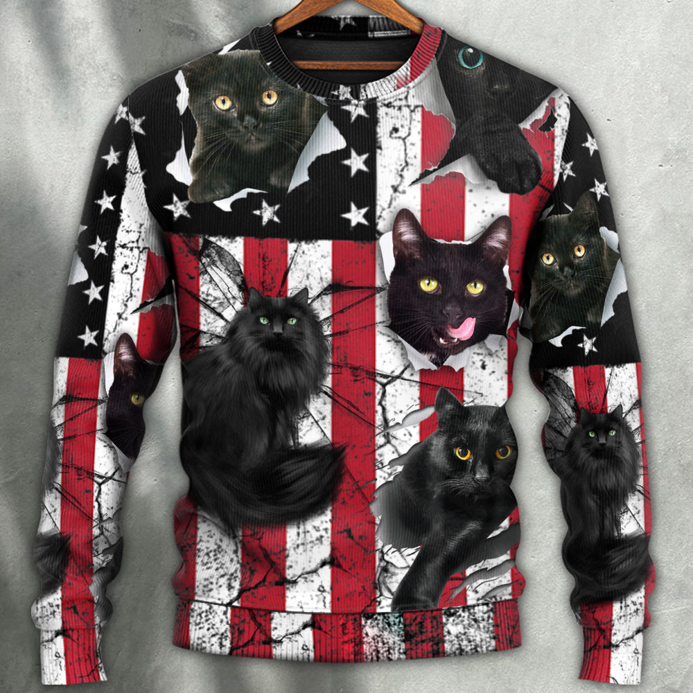 Black Cat Independence Day Sweater For Animal Lovers Casual Wear Holidays And Thoughtful Gifting