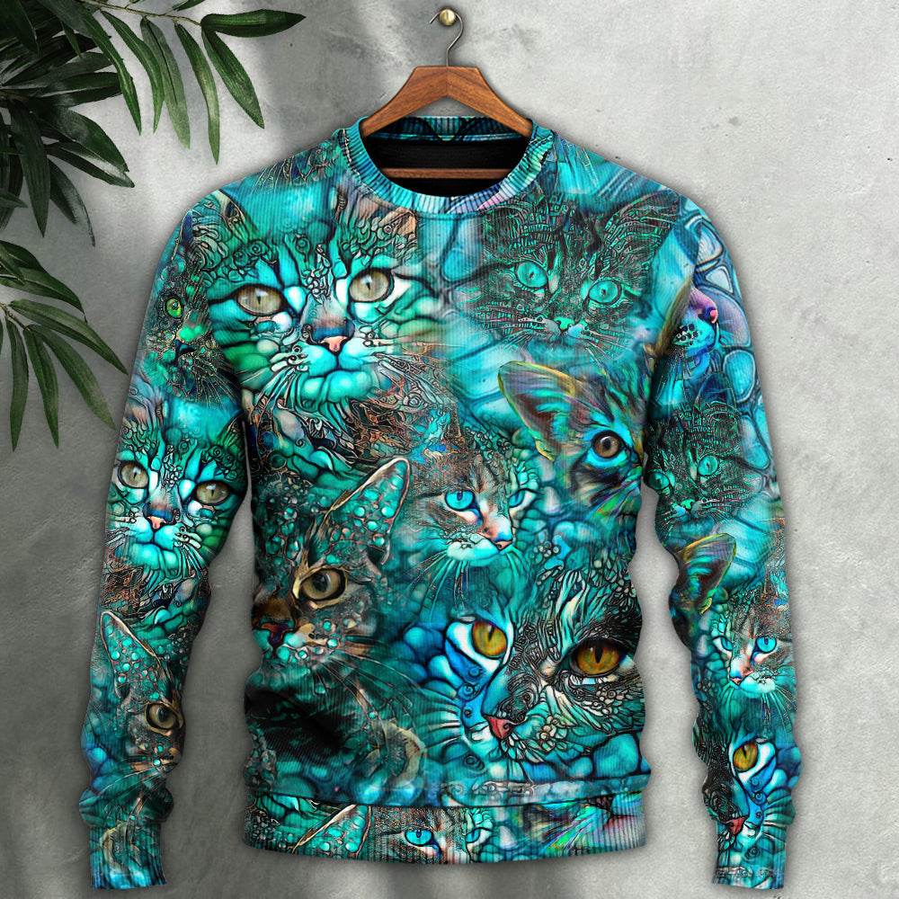 Blue Colorful Cat Sweater For Animal Lovers Casual Wear Holidays And Thoughtful Gifting