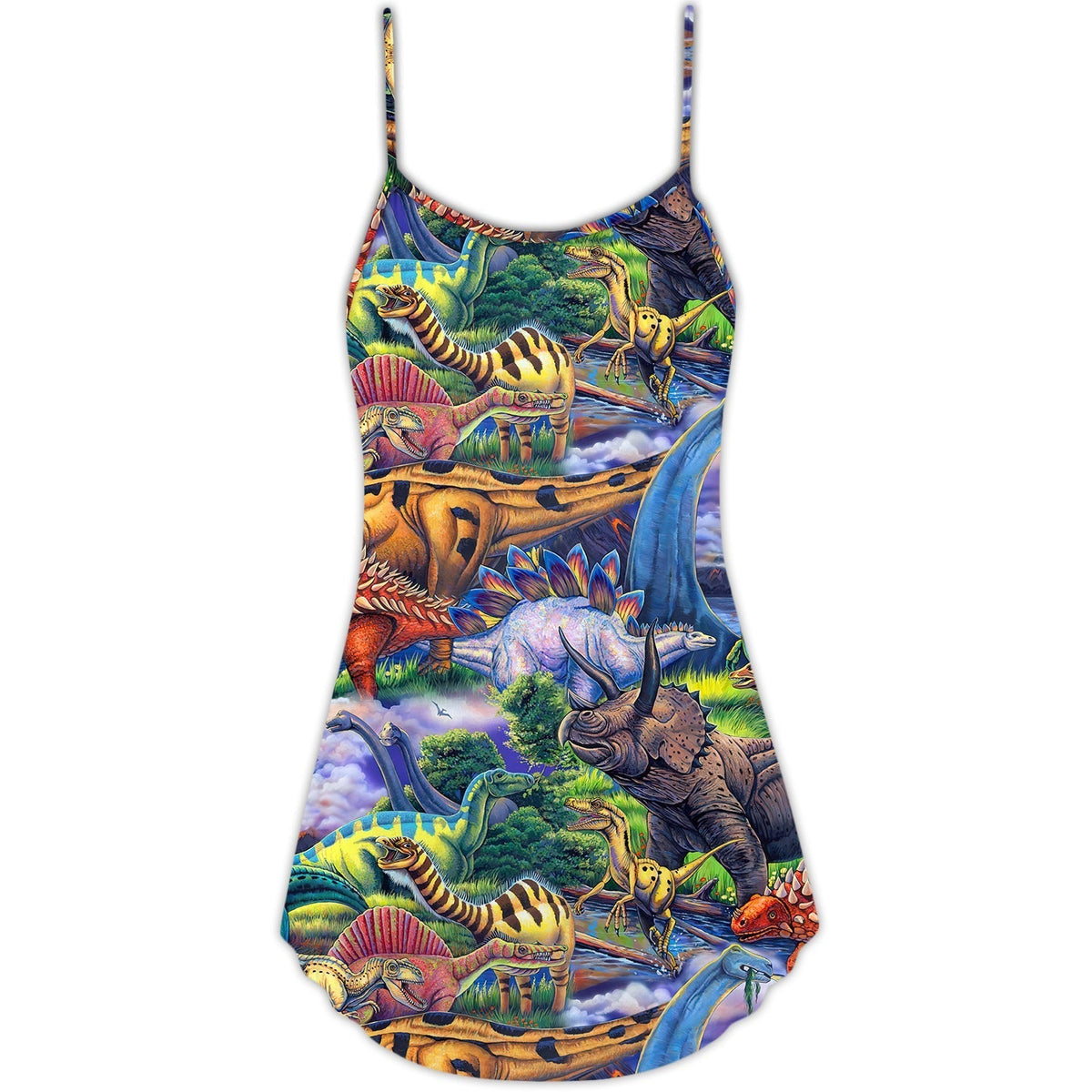 Colorful Dinosaur Art Style V-Neck Sleeveless Cami Dress For Animal Lovers Beach Trips And Relaxed Everyday Wear