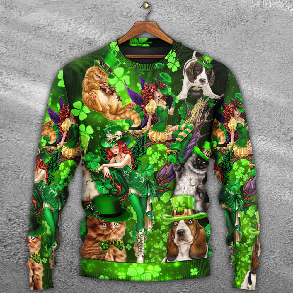 Irish Cat Girl St Patrick Green Light Sweater For Casual Styling Weekend Outings And Creative Gift Giving