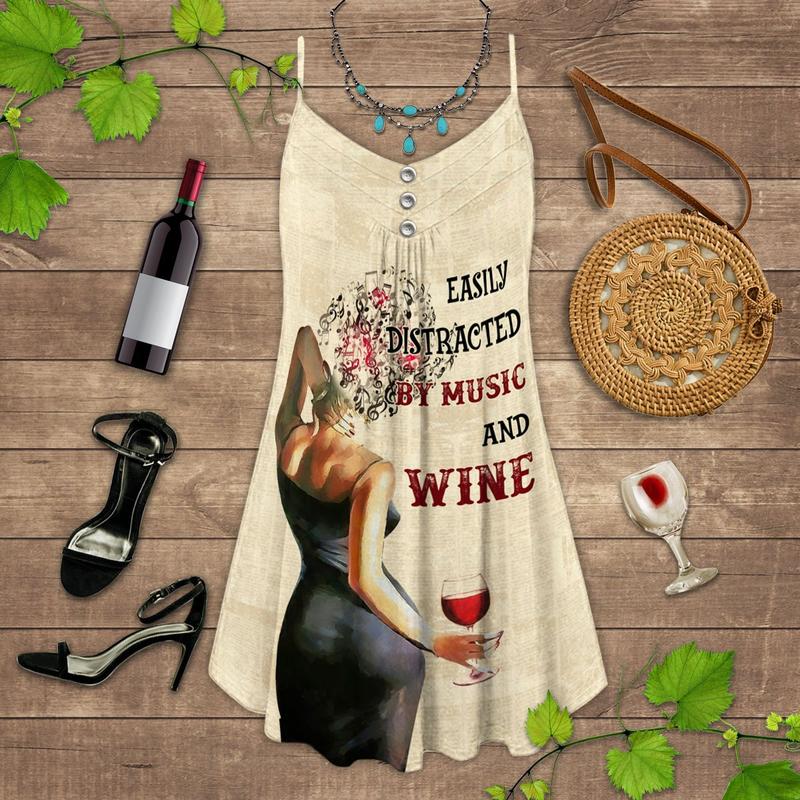 Wine And Easily Distracted V-Neck Sleeveless Cami Dress For Festivals And Relaxed Warm Weather Style