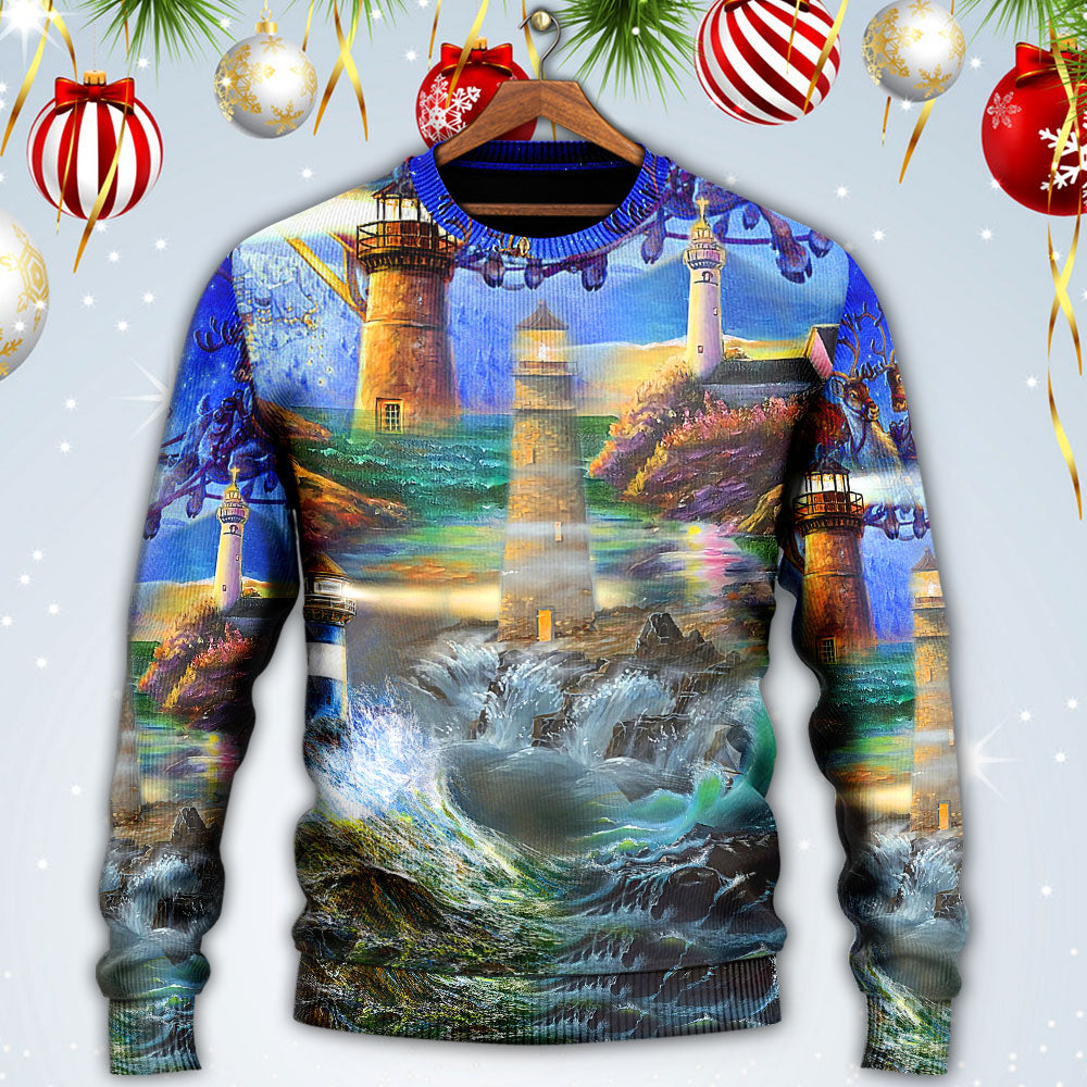 Lighthouse Christmas Santa Shine Like A Light Sweater For Seasonal Parties Cozy Gatherings And Thoughtful Holiday Gifts