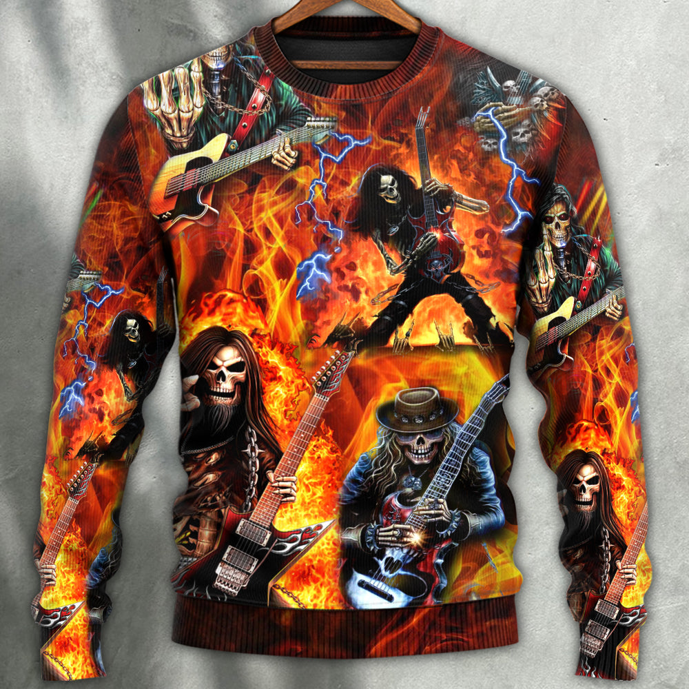Guitar Skull Fire Hot Sweater For Fantasy Fans Casual Outings And Weekend Adventures