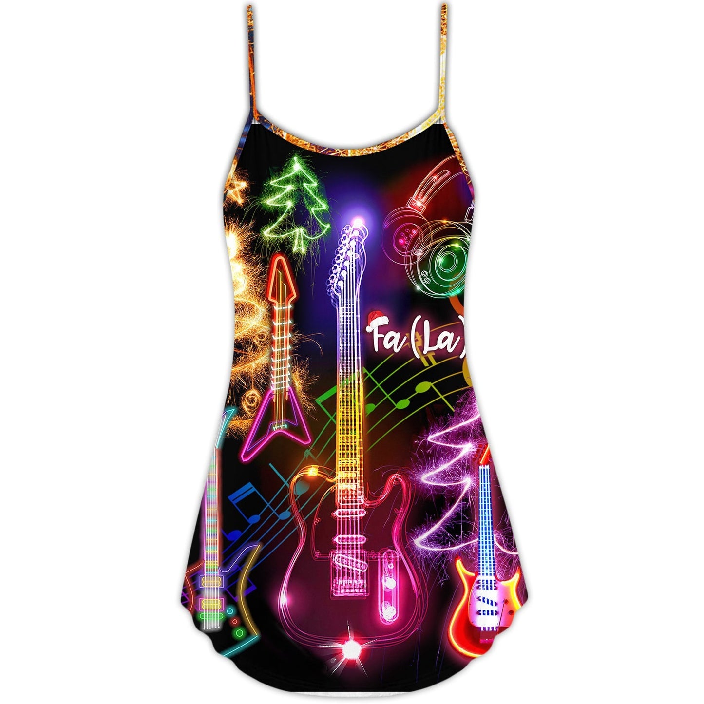 Christmas Guitar Tree Glow V-Neck Sleeveless Cami Dress For Festivals Travel And Relaxed Casual Summer Wear
