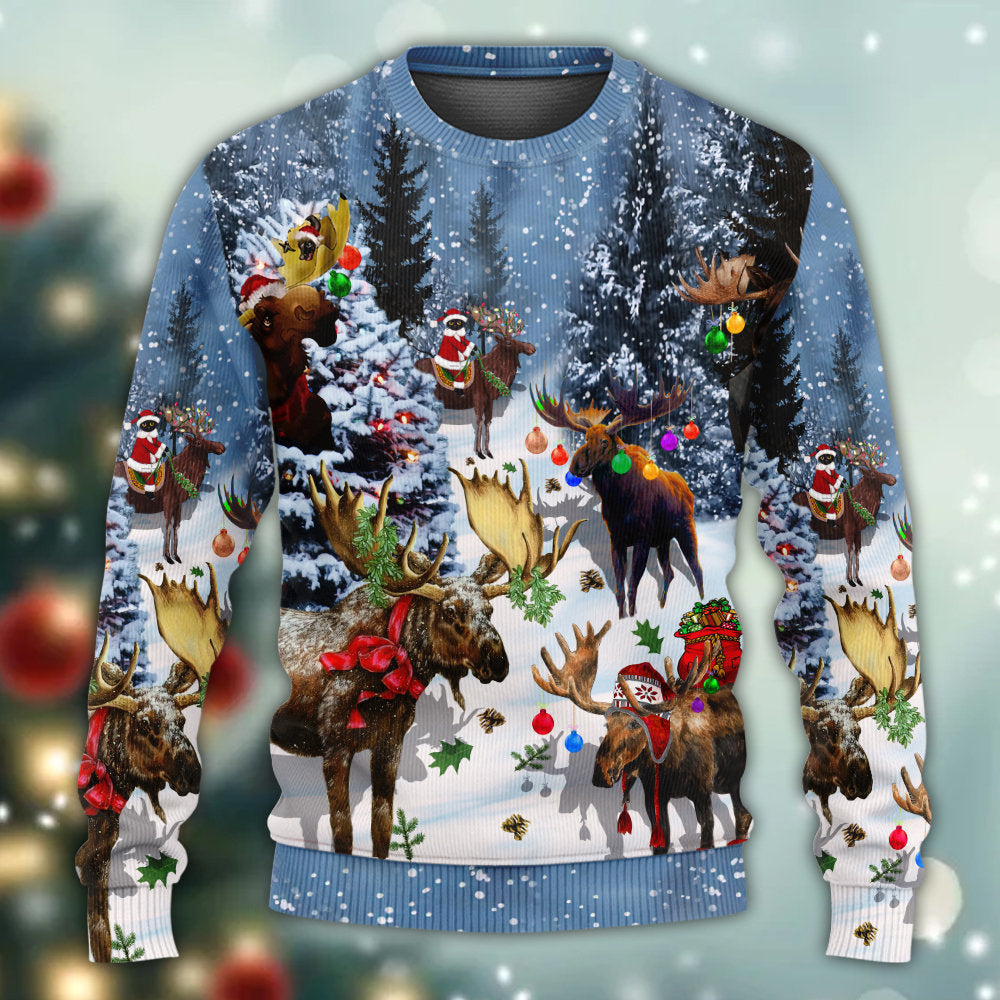 Moose Merry Christmas Snow Scene Sweater For Festive Family Events Casual Wear And Holiday Gift Giving