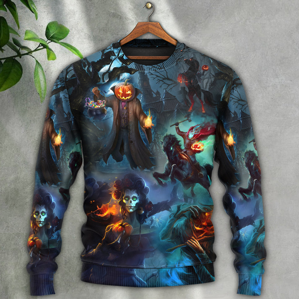 Halloween Skull Pumpkin Night Sky Sweater For Alternative Fashion Events And Thoughtful Seasonal Gifts