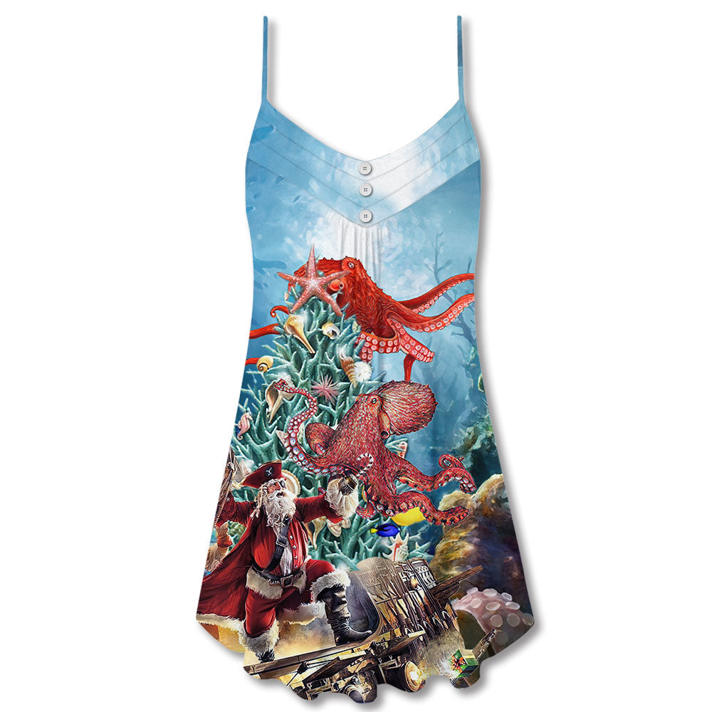 Octopus And Santa Merry Christmas V-Neck Sleeveless Cami Dress For Summer Events And Comfortable Everyday Style