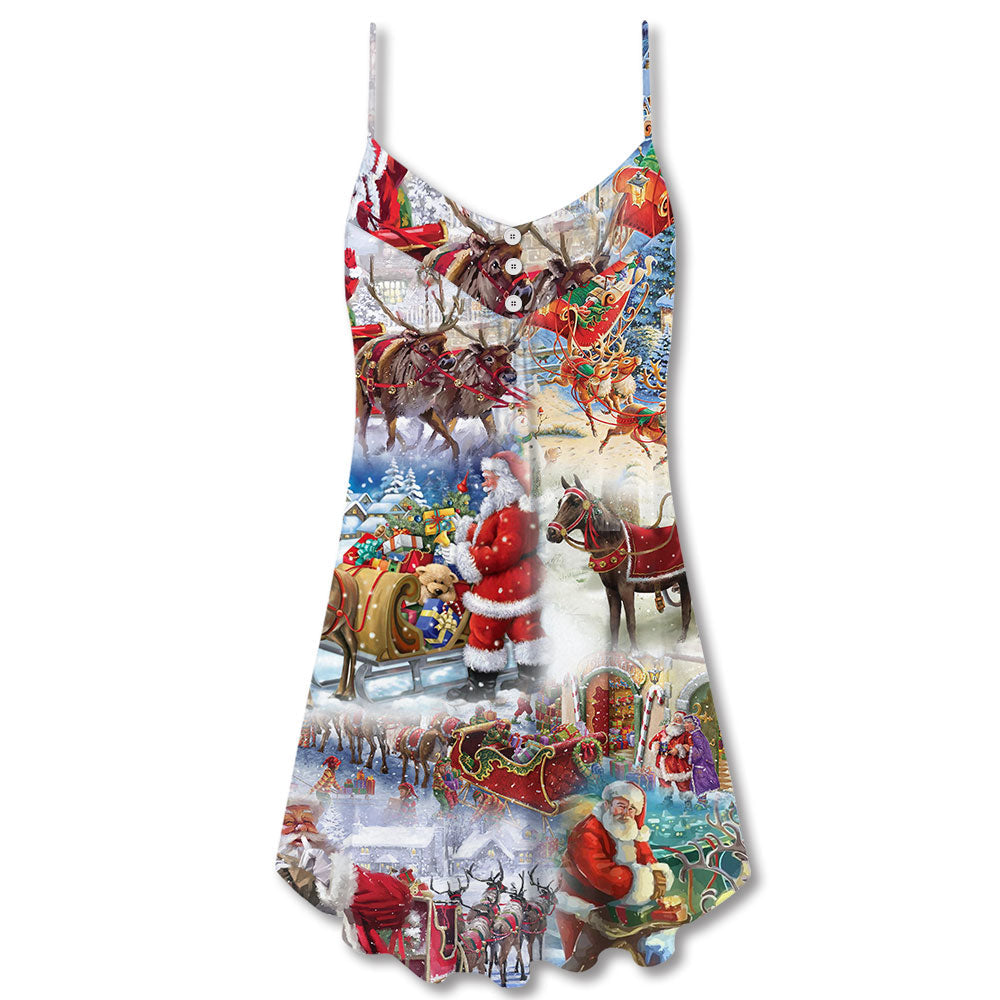 Christmas Snow Santa V-Neck Sleeveless Cami Dress For Sunny Getaways Outdoor Events And Everyday Summer Fashion