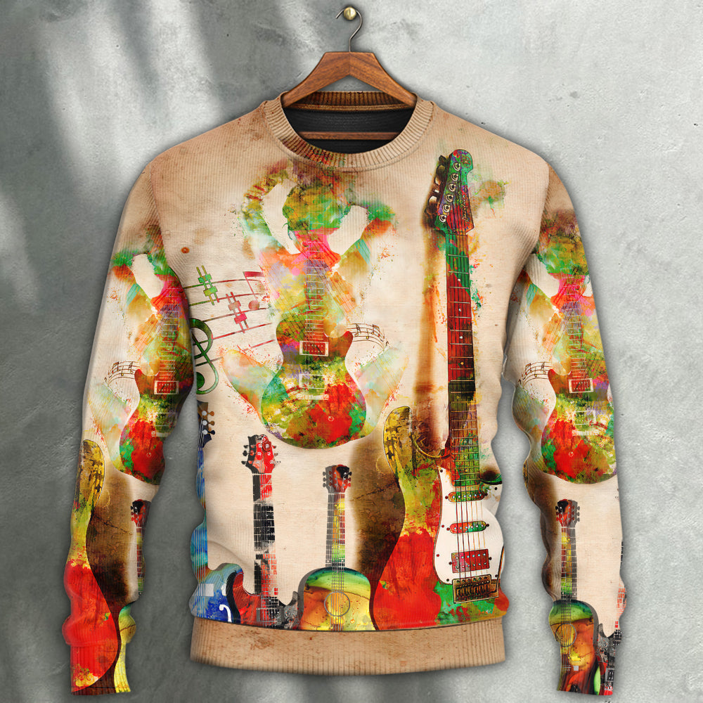 Abstract Colorful Guitar Sweater For Holidays Parties And Comfortable Everyday Wear