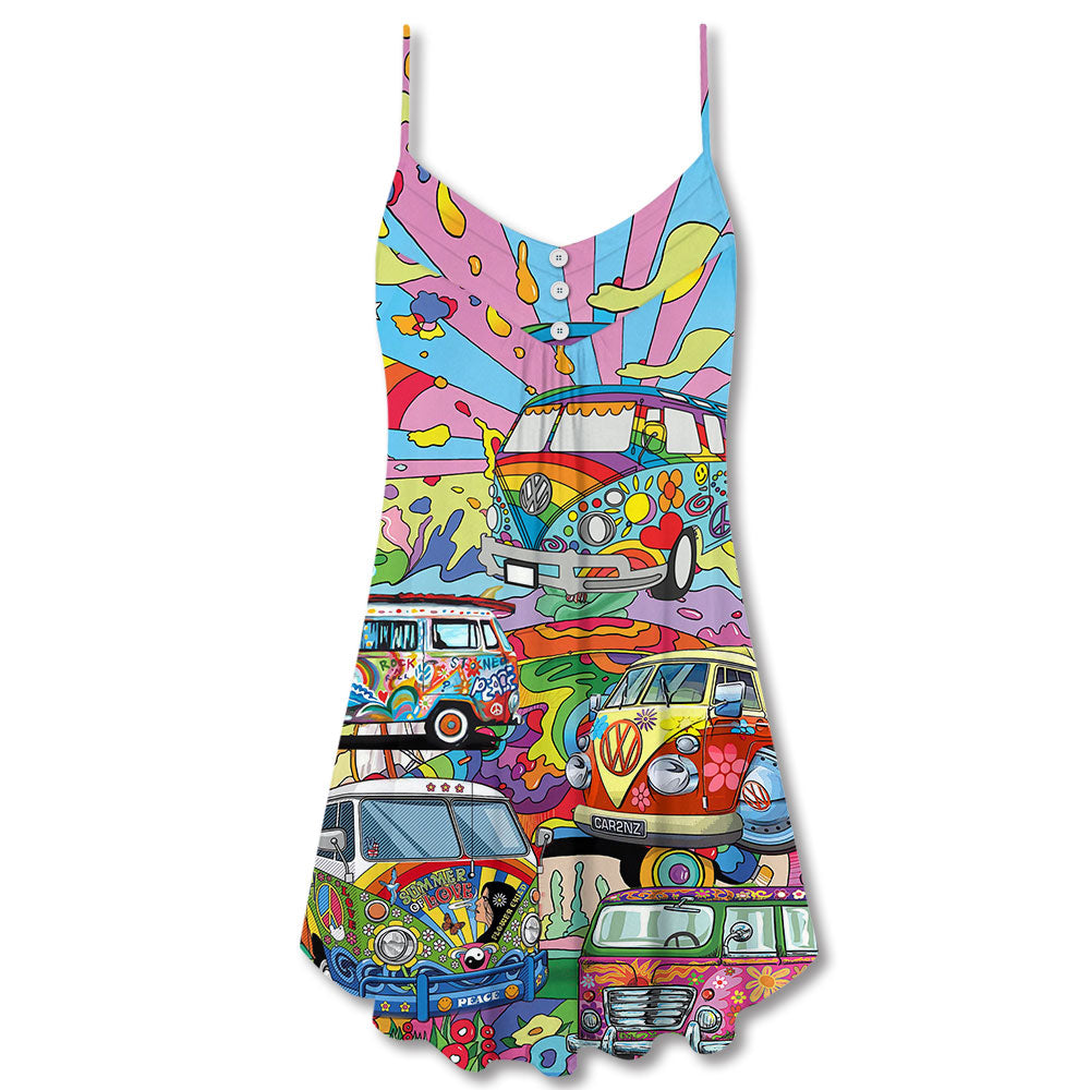 Hippie Van Colorful Peace Art V-Neck Sleeveless Cami Dress For Festivals Vacations And Relaxed Artistic Styling