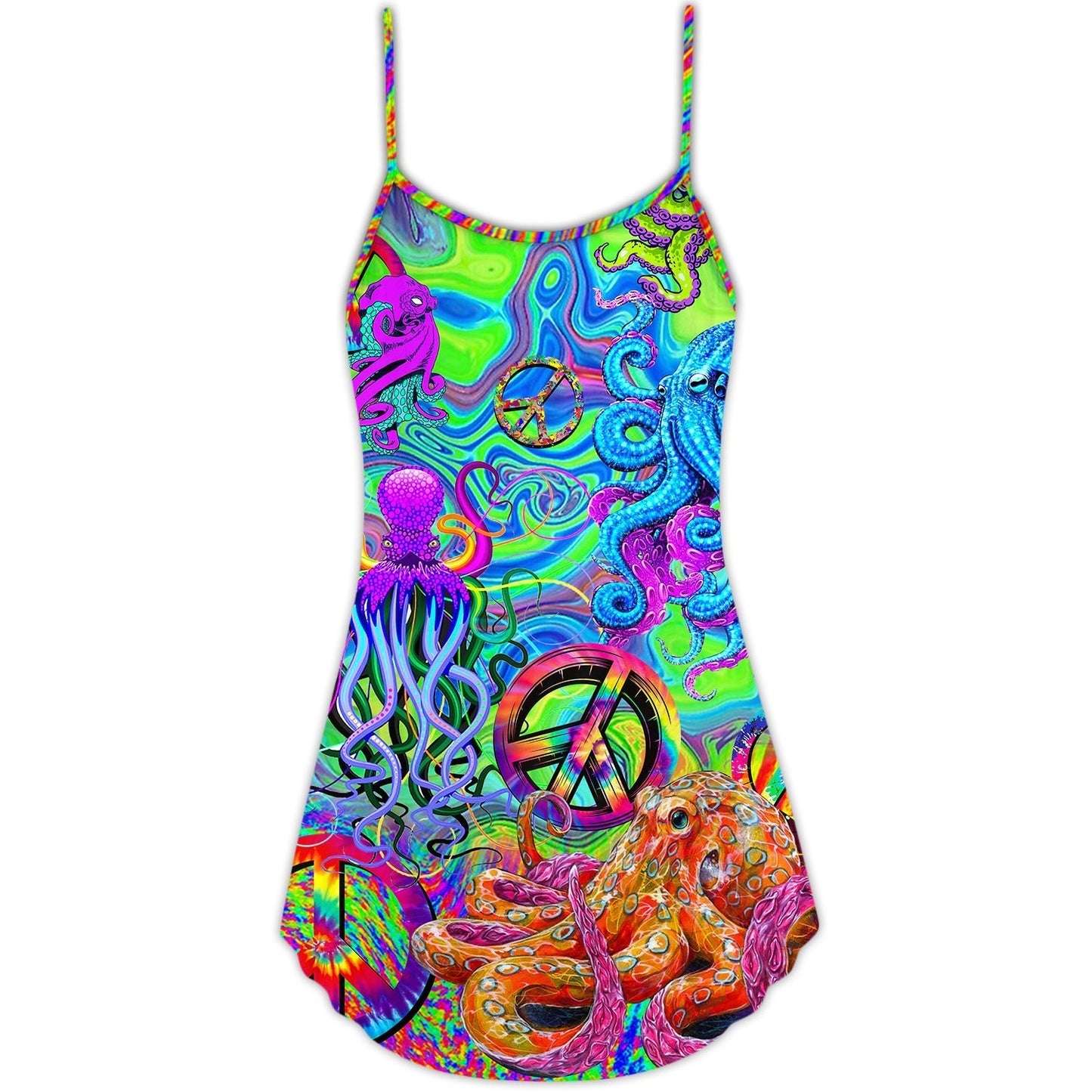 Hippie Funny Octopus Colorful Tie Dye V-Neck Sleeveless Cami Dress For Vacations And Casual Warm Weather Wear