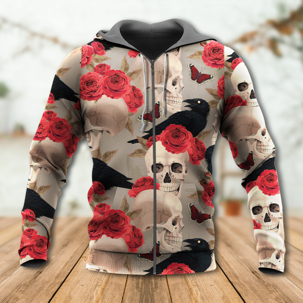 Gothic Skull Rose Raven Hoodie For Gothic Inspired Travel Casual Style And Gift Giving