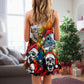 Christmas Skull Santa Hat Theme V-Neck Sleeveless Cami Dress For Festivals Travel And Relaxed Casual Summer Wear