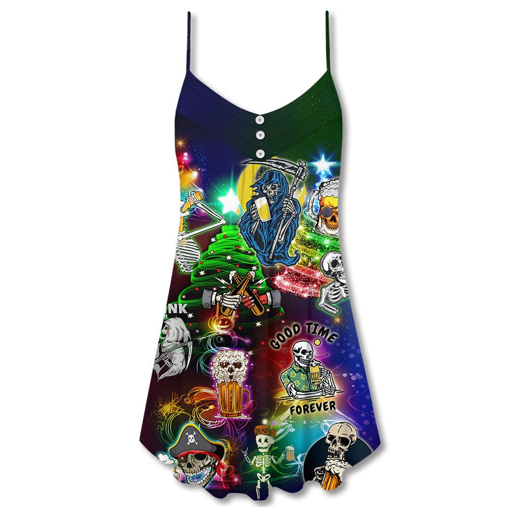 Christmas Skull Love Party V-Neck Sleeveless Cami Dress For Festivals Travel And Relaxed Casual Summer Wear
