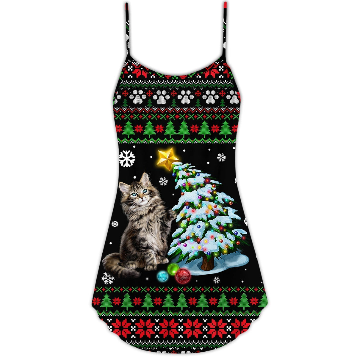 Christmas Cute Cat Wrecking Tree Funny V-Neck Sleeveless Cami Dress For Vacations And Casual Warm Weather Wear
