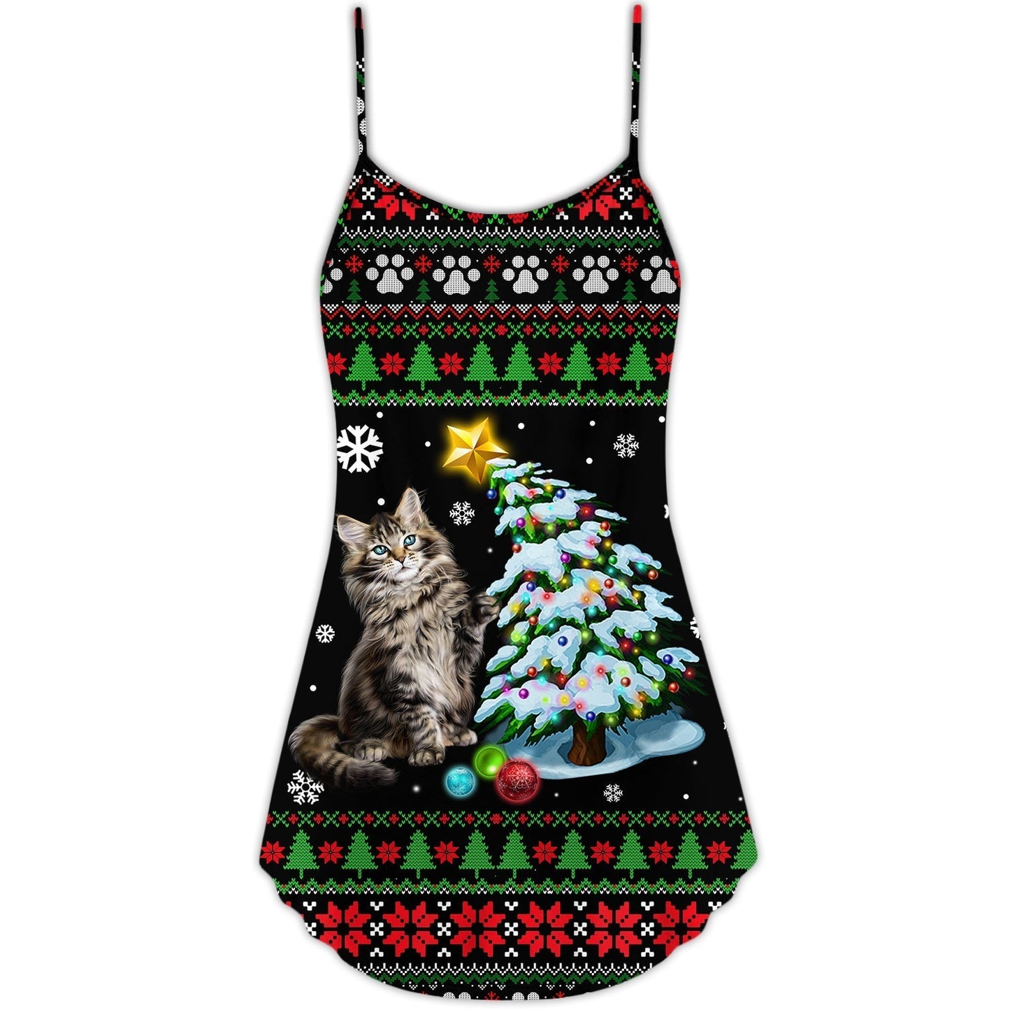 Christmas Cute Cat Wrecking Tree Funny V-Neck Sleeveless Cami Dress For Vacations And Casual Warm Weather Wear