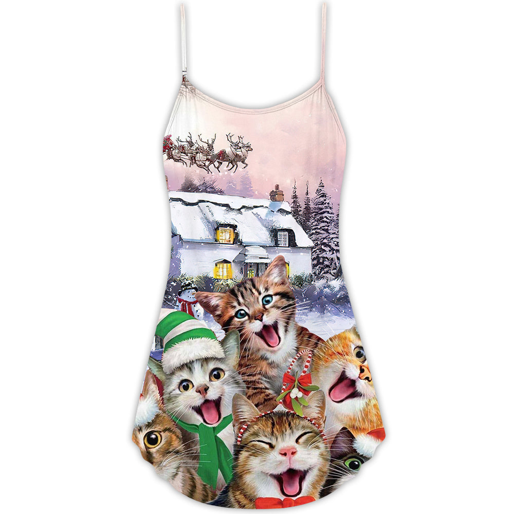 Christmas Cat You Only Need Me V-Neck Sleeveless Cami Dress For Festivals Travel And Relaxed Casual Summer Wear